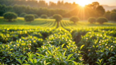 A vibrant tea plantation bathed in soft sunlight during sunrise, showcasing rows of lush green tea plants and trees.の素材