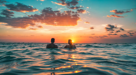 A couple enjoys swimming in the ocean at sunset, surrounded by calm waters and vibrant, colorful skies.の素材