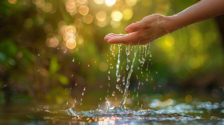 A hand gently touching water with droplets falling, surrounded by golden sunlight and blurred bokeh in a natural setting.の素材