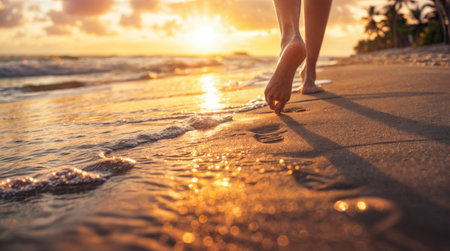 A person walks barefoot on a sandy beach during sunset, with golden sunlight reflecting on wet sand and gentle waves touching the shore.の素材