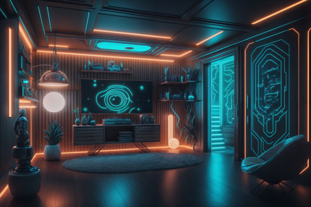 Modern gaming room with neon blue and orange lighting, futuristic design, and high-tech decor, creating a stylish, immersive atmosphere.の素材
