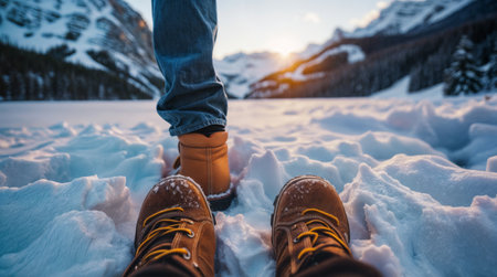 Close-up of hiking boots in the snow with a scenic winter mountain landscape in the background, capturing outdoor adventure.の素材