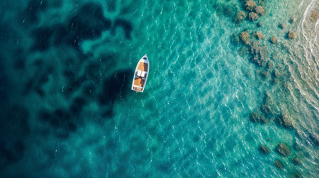 Aerial view of a small boat floating on crystal-clear turquoise water, showing underwater rocks and vibrant patterns created by the sunlight.の素材