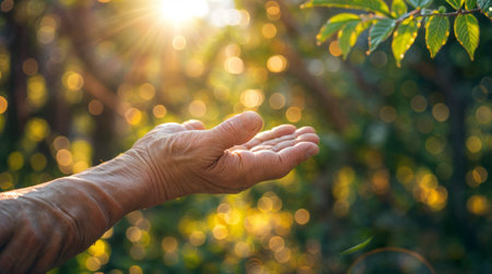 An elderly person's hand reaches out towards the warm sunlight, surrounded by lush green foliage and a soft bokeh background.の素材