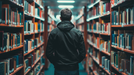 A man in a dark jacket standing in a library aisle, surrounded by rows of books, with soft, focused lighting, suggesting deep thought.の素材
