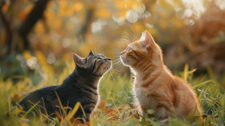 Two playful kittens gently nuzzle each other in a sunlit autumn field, surrounded by warm golden foliage and soft grass.の素材