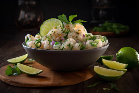 A fresh bowl of shrimp ceviche garnished with lime slices and herbs, featuring cilantro and onions, placed on a rustic table.の素材