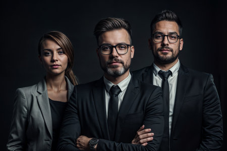 Three confident business professionals in formal attire stand together, exuding strength and leadership in a dark studio setting.の素材