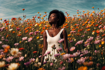 A young woman stands peacefully in a colorful flower field, eyes closed, embracing nature under a clear blue sky.の素材