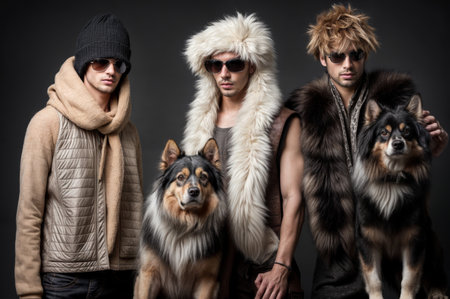 Three men wearing stylish winter outfits with fur coats and sunglasses, posing with two dogs against a dark background.の素材