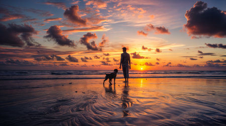 Silhouette of a man and his dog walking on a beach during a vibrant sunset, reflecting colorful clouds and calm waves.の素材
