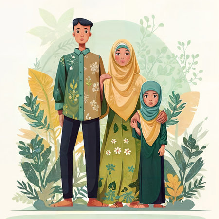 A stylized illustration of a family dressed in traditional attire, surrounded by nature-inspired patterns and leaves in a peaceful setting.の素材