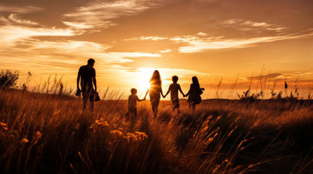 Silhouette of a family walking through a field at sunset, holding hands and enjoying a peaceful, scenic moment together.の素材