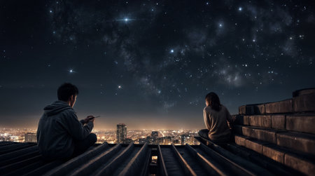 Two people sit on a rooftop, gazing at the starry night sky over a cityscape, capturing a peaceful moment of wonder.の素材