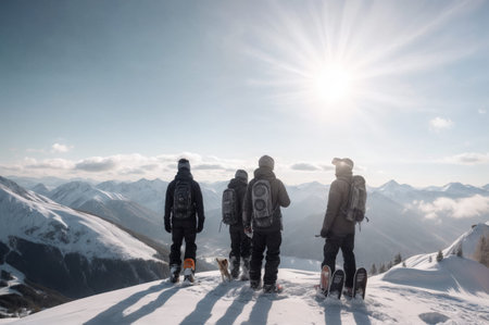 A group of snowboarders stands together at the peak of a snow-covered mountain, taking in the bright sunlight and stunning view of the surrounding peaks.の素材