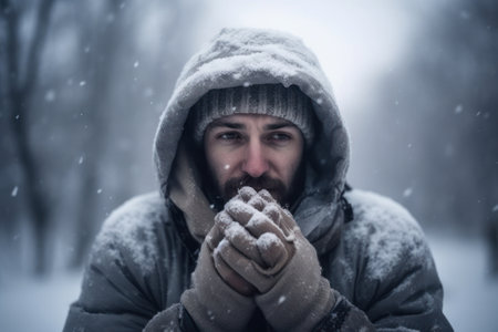 A man bundled in winter clothing holds his hands close to his face for warmth, braving a snowstorm with snow falling around him.の素材