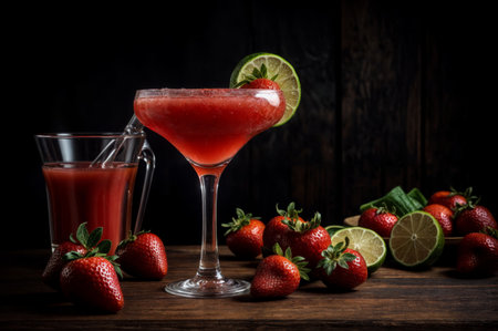A vibrant strawberry margarita in a glass, garnished with lime, surrounded by fresh strawberries and limes, set against a dark background.の素材
