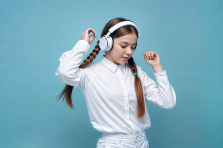A young woman with braids wearing headphones enjoys music, dancing against a light blue background in casual white clothing.の素材