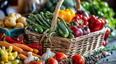 A vibrant basket filled with fresh vegetables including carrots, cucumbers, tomatoes, and bell peppers at a market or farm setting.の素材