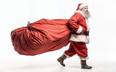 Santa Claus walking forward with a massive red sack of gifts slung over his shoulder, set against a white background.の素材