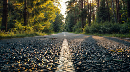 A serene empty road cutting through a lush forest at golden hour, with warm sunlight filtering through the trees in the background.の素材