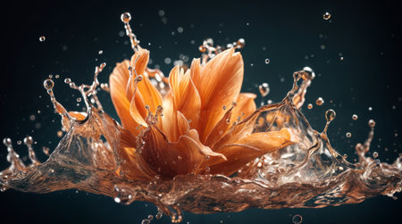 A dynamic image of a flower splashing into water, captured in mid-motion with droplets flying, creating a visually stunning and energetic effect.の素材
