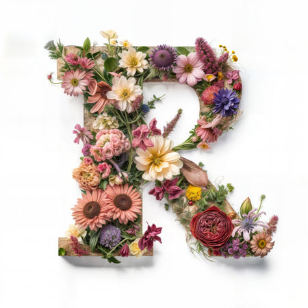 A creatively designed letter R formed from a stunning arrangement of colorful flowers, showcasing intricate floral details against a white background.の素材