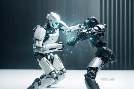 Two highly advanced robots engage in an intense battle, showcasing futuristic technology, with sparks flying from their powerful interaction.の素材