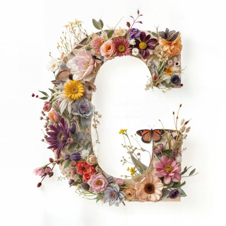 The letter G designed with a stunning arrangement of colorful flowers and butterflies, showcasing a creative floral design on a white background.の素材