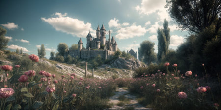 A dreamy fairy tale castle sits atop a hill surrounded by a vibrant field of pink flowers under a bright blue sky with clouds.の素材