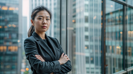 A confident businesswoman stands with arms crossed in a modern office, exuding professionalism and leadership in a corporate environment.の素材