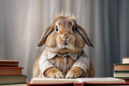 Adorable rabbit wearing a plaid shirt, sitting at a table with books, appearing to read, creating a humorous and whimsical scene.の素材