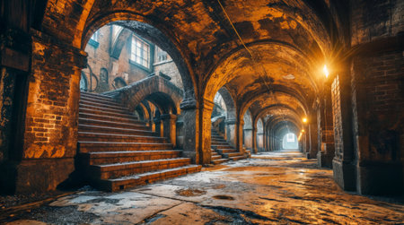 A dimly lit underground passageway with aged brick arches and steps, creating a mysterious, historic atmosphere with warm glowing lights.の素材