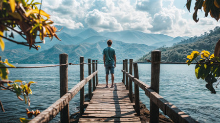 Individual stands on a wooden pier, gazing at a serene lake surrounded by mountains under a cloudy sky, evoking wanderlust and tranquility.の素材