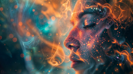 Surreal portrait of a womanâs face surrounded by ethereal light and glowing particles, creating a dreamlike, otherworldly effect.の素材