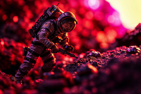 Astronaut in a suit explores an alien landscape with red and purple hues, capturing a sense of adventure in a science fiction setting.の素材