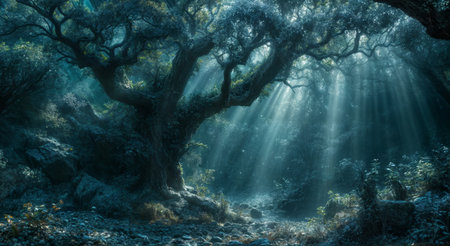 Sunlight streams through thick, ancient forest trees, casting mystical beams and creating an ethereal atmosphere in a lush woodland setting.の素材