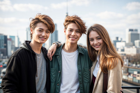 A group of three smiling young adults standing outdoors with a cityscape backdrop, showcasing friendship and modern city life.の素材