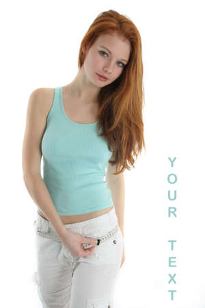 red hair girl with measure tape の写真素材