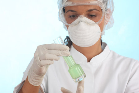 doctor examine green liquid wearing a protective mask 