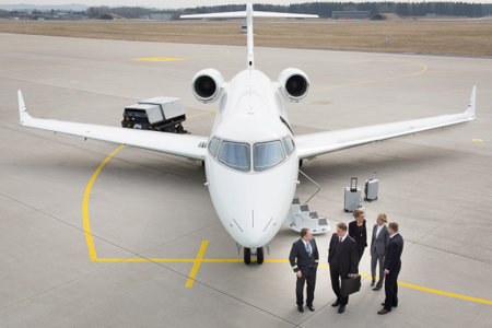 executive business team in front of corporate jet pilot talking to