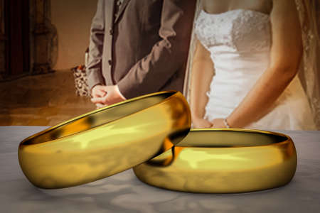 pair of gold wedding ringsの写真素材