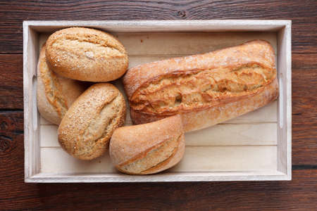 ciabatta bread and spelled in a boxの写真素材