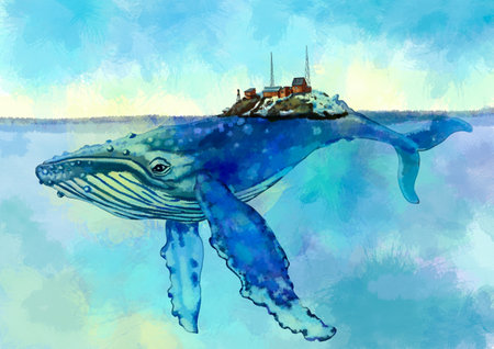 Illustration of a whale holding an island. High quality illustrationの写真素材
