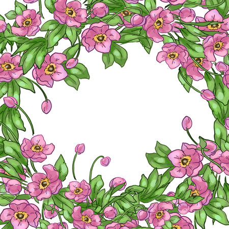 Illustration of a frame made of pink flowers and leaves. High quality illustrationの写真素材