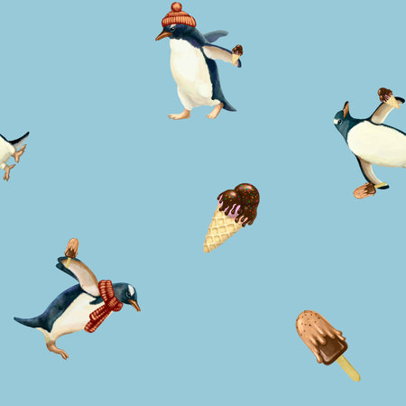 Seamless pattern with penguins and ice cream. High quality illustrationの写真素材
