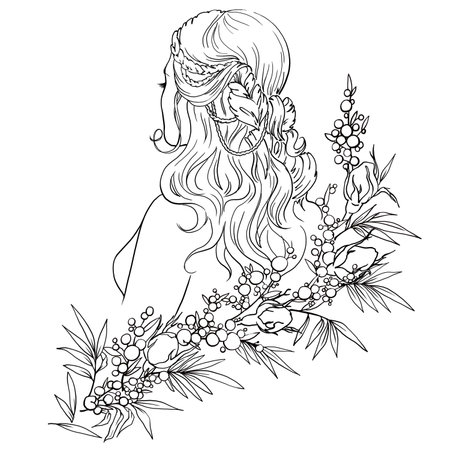 Vector graphics line drawing of a young woman with flowers. Vector illustrationのイラスト素材