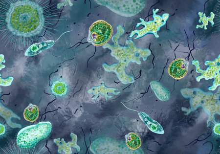 Bacteria, unicellular protozoa, algae. Seamless pattern for printing in textbooks, medical brochures, packaging, fabrics and other polygraphy. Color illustration of microbiology. High quality illustrationの写真素材