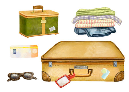 Travel set color illustration. For website design, postcards, typography. Digital watercolor. From the collection JOURNEY OF THE RACCOON. Drawing of suitcase, ticket, sunglasses and folded clothes. High quality illustrationの写真素材
