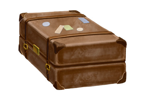 Color illustration of a brown vintage suitcase. From the collection JOURNEY OF THE RACCOON. Digital watercolor. For website design, postcard and poster printing. Drawing of an old shabby leather suitcase. High quality illustrationの写真素材